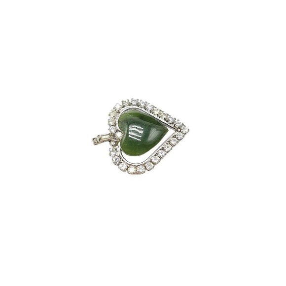 Green Tourmaline Clear Rhinestone Heart Pendant Silver Tone Vintage - Picture 5 of 6